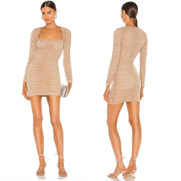 Michael Costello Franky Mini Dress Taupe Tan Ruched Long Sleeves Sz S - Picture 4 of 11